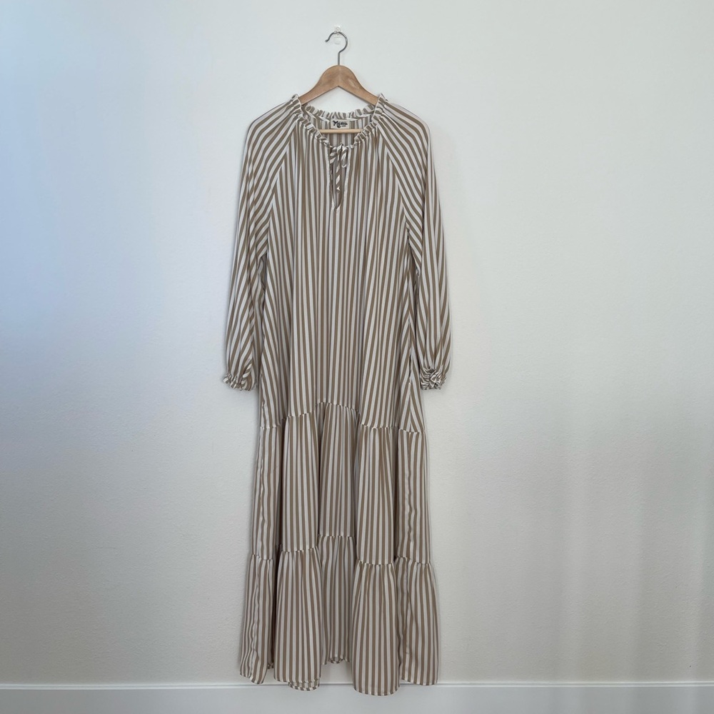 Chic Beige Striped Long Sleeve Dress